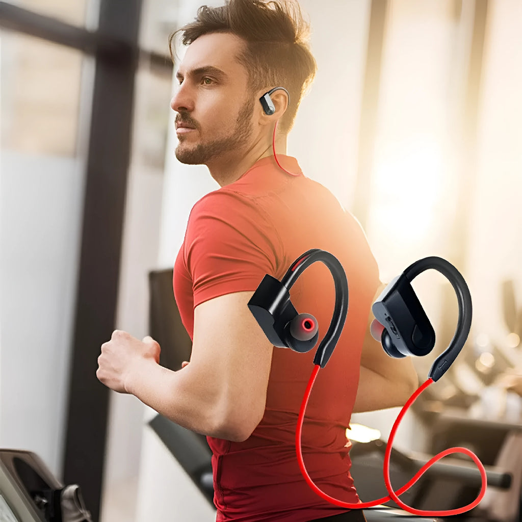 Wireless neck mounted Bluetooth earphones in black colour showing earpieces and neckband
