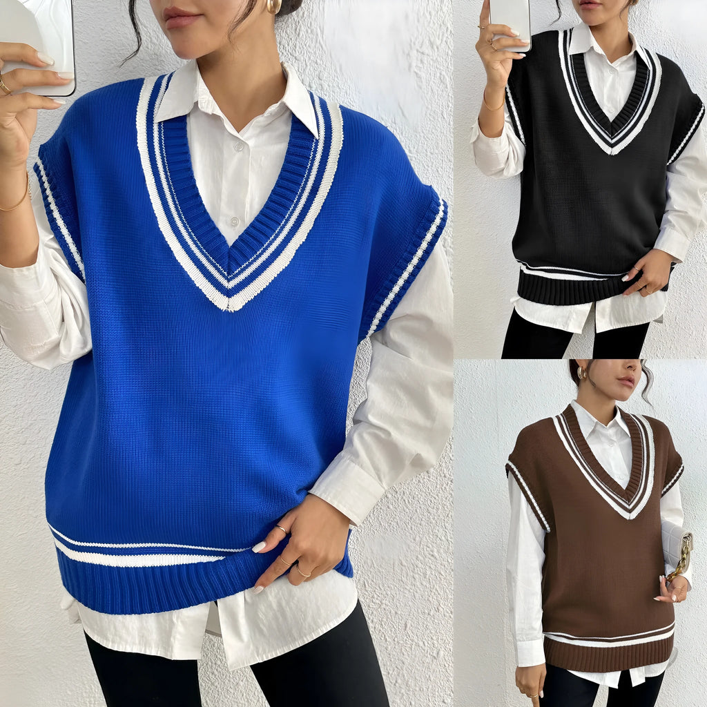 Women's loose-fit college-style pullover vest jumper in black, blue, or coffee colour.