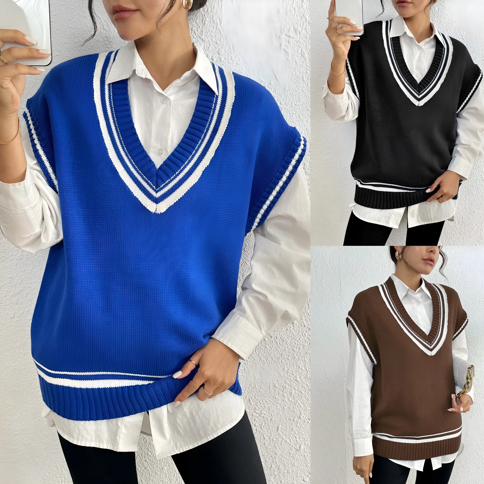 Women's loose-fit college-style pullover vest jumper in black, blue, or coffee colour.