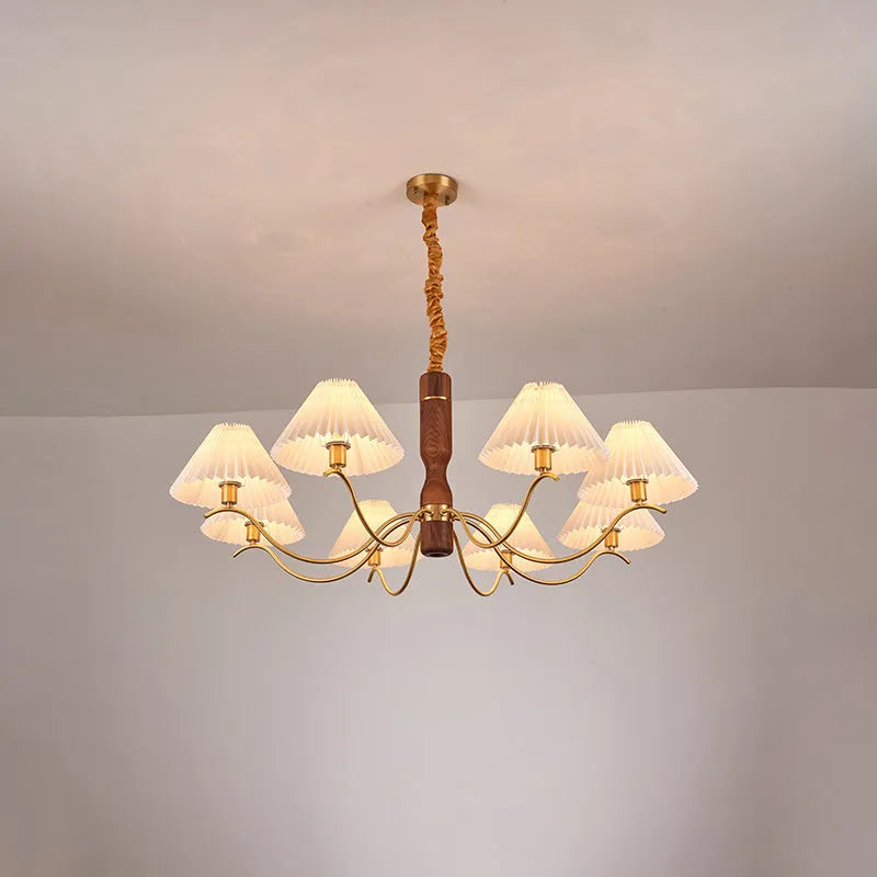 American retro style single head wall lamp with walnut wood frame and fabric shade, mounted on a wall.