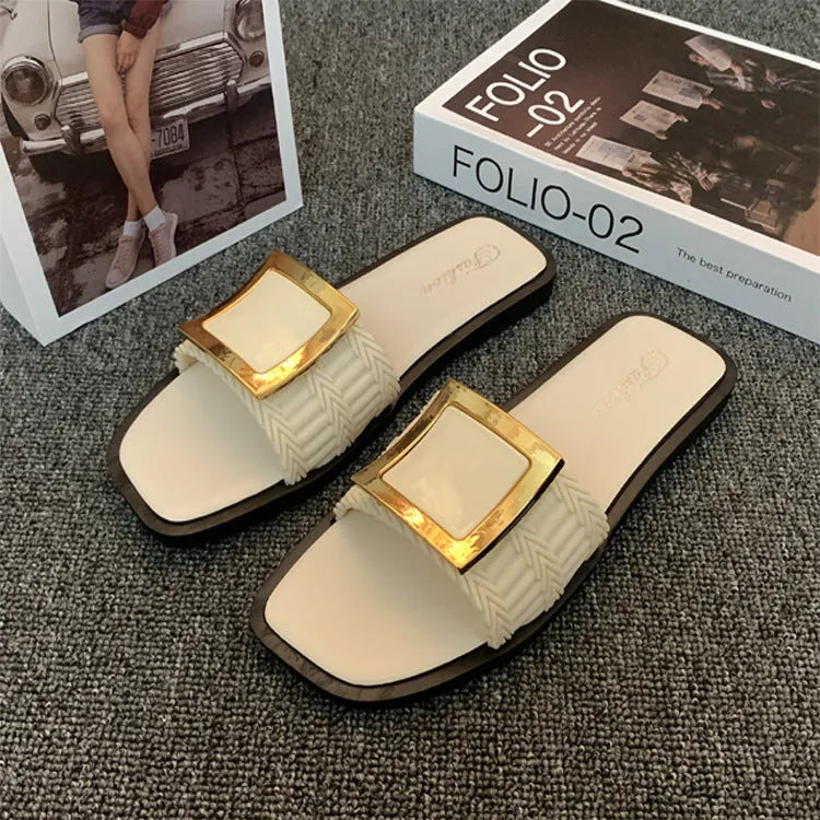 Women's flat summer slippers in apricot, black, or khaki with lightweight PVC soles.