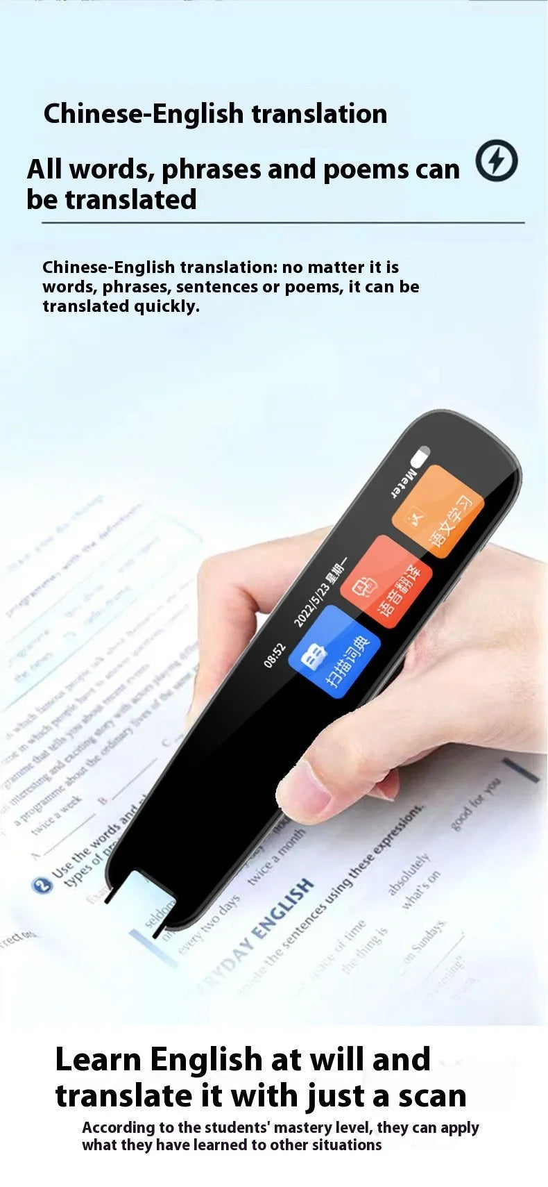 Dark grey universal offline scanning translation pen for English language study with ABS plastic body