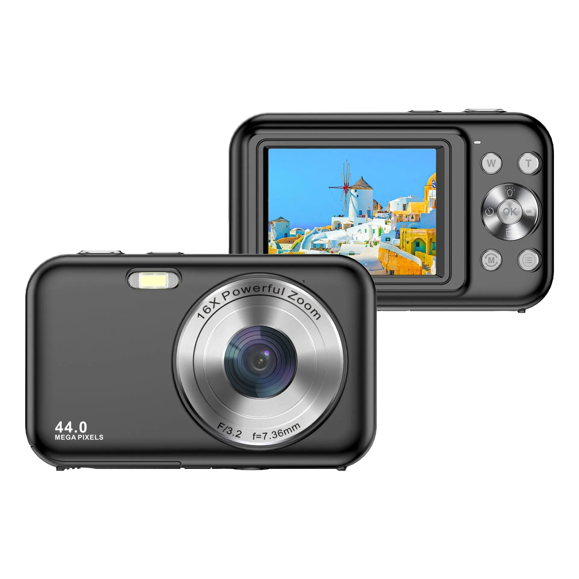 DC406L children's digital mini camera in pink showing 2.4-inch screen and lens.