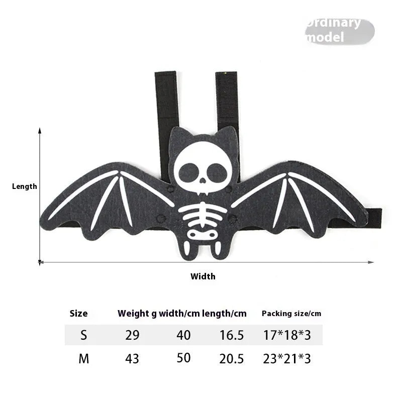 Black felt batwing Halloween costume for a cat, shown in pumpkin bat design