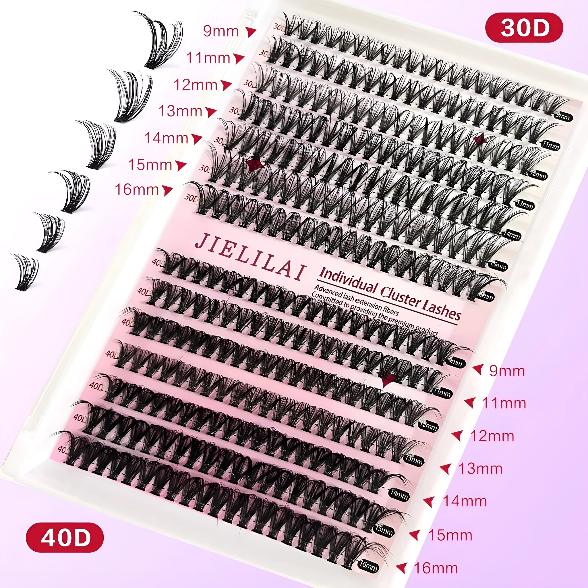 Mixed package of DIY 30D and 40D cluster false eyelashes ranging from 9mm to 16mm with tweezers