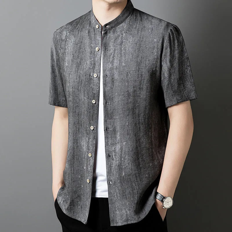 Men's loose linen cardigan shirt with stand collar in chemical fibre blend fabric