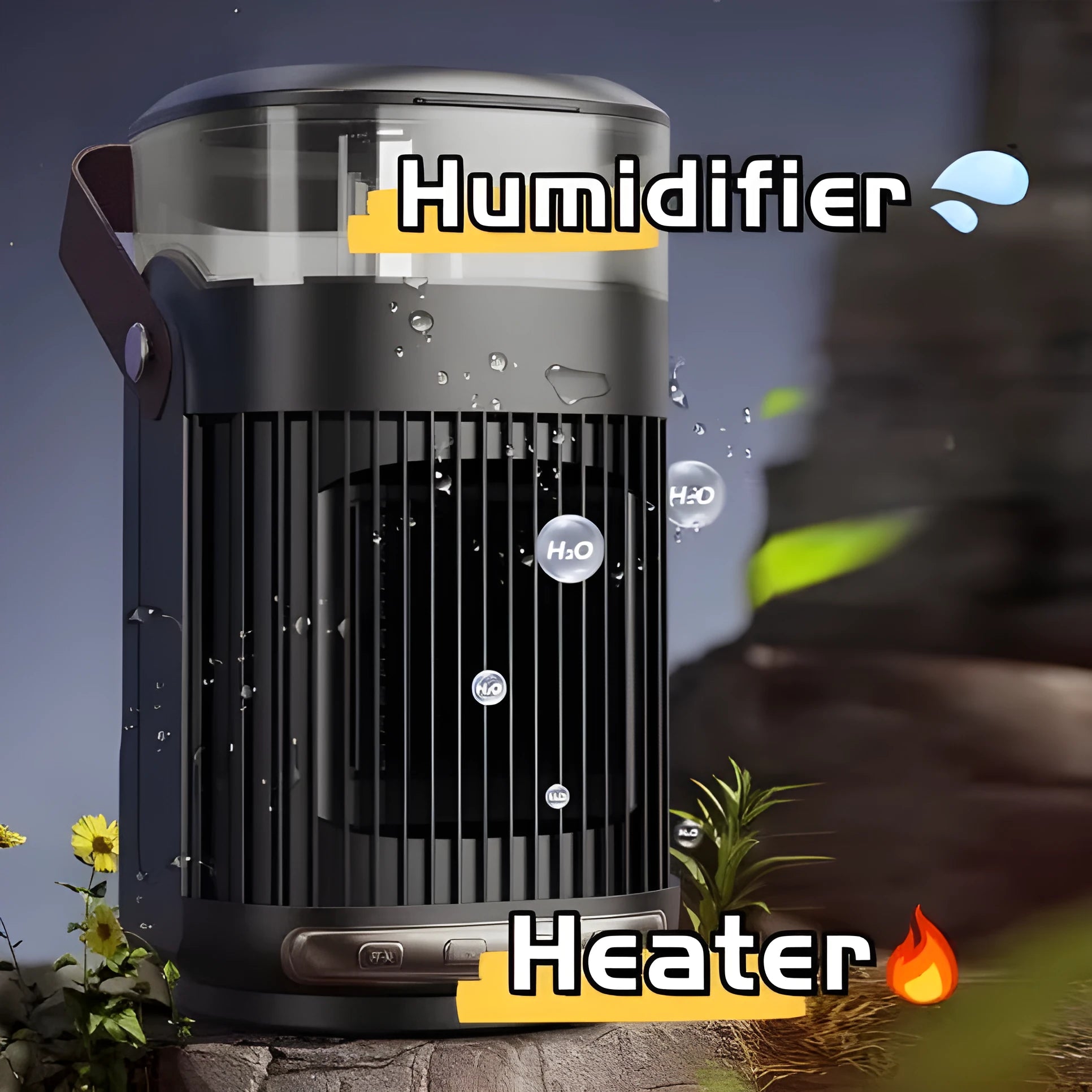 Black portable PTC heater with humidifier showing front control buttons and compact design