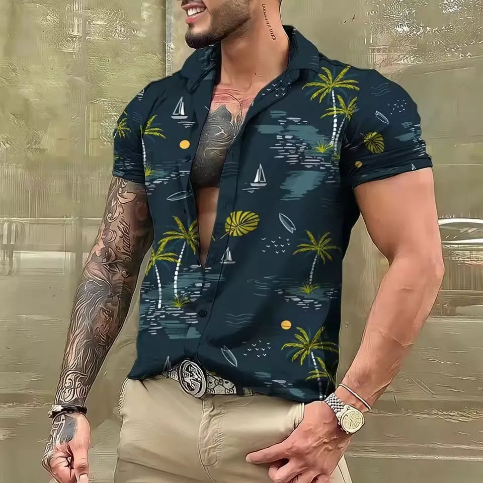 A man's loose-fitting short sleeve cardigan-style top with a colourful floral print.