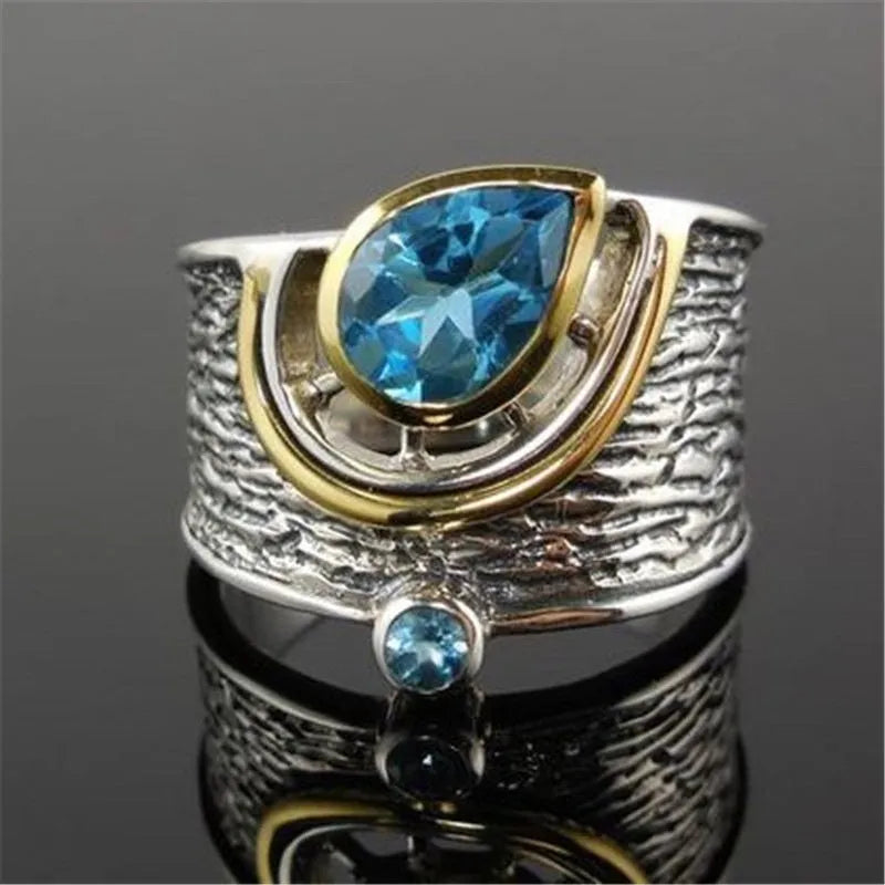 Blue zircon rhinestone ring with drop shape design in Chinese style for women