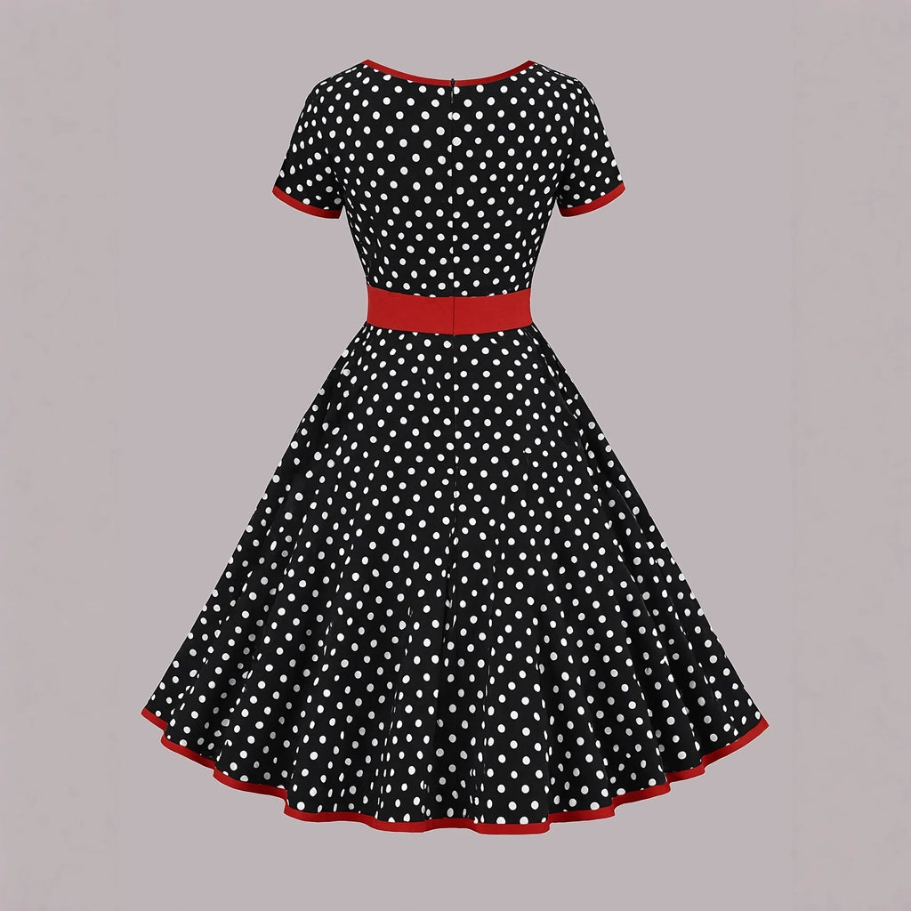 Multicolour polka dot pleated dress with square collar and front zipper.