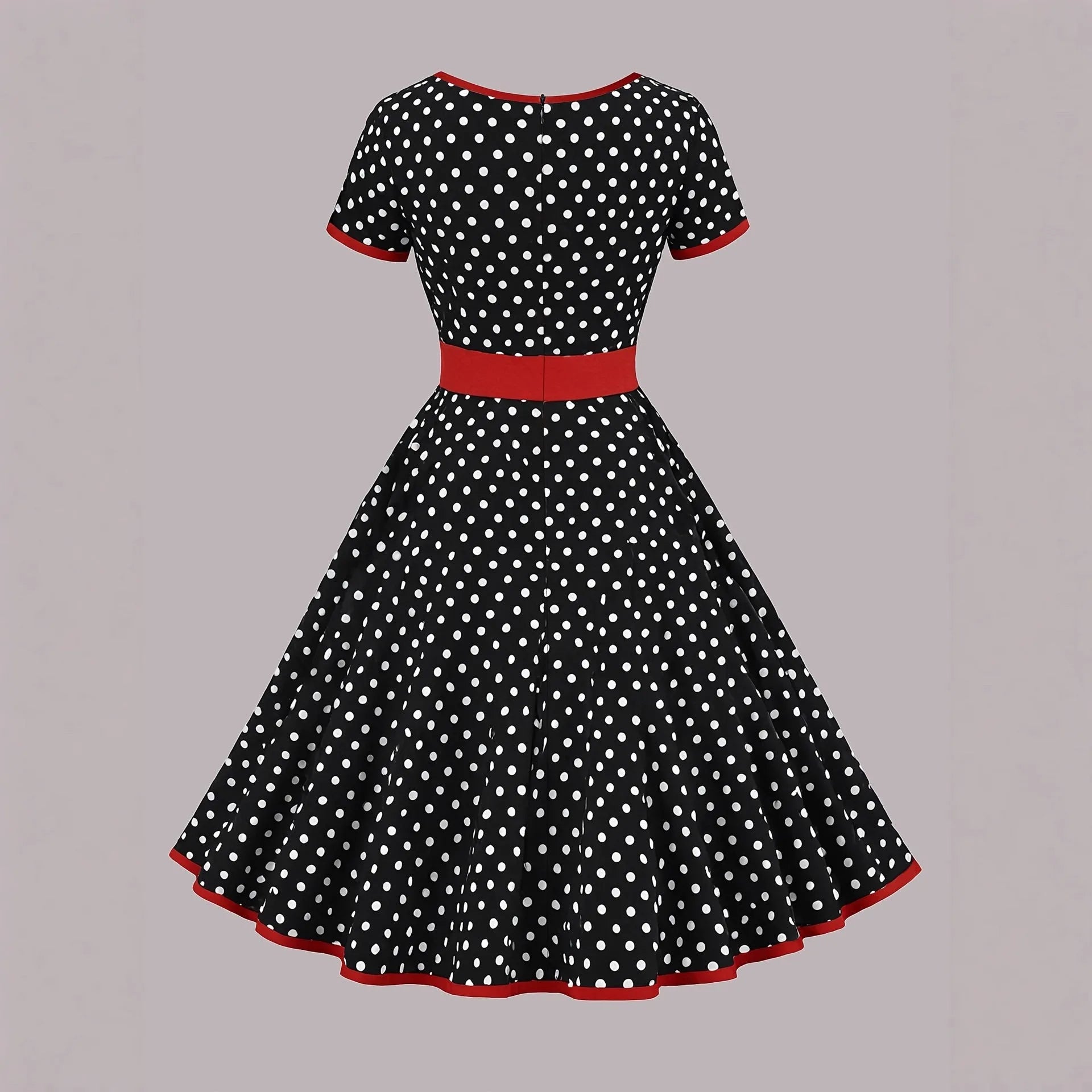 Multicolour polka dot pleated dress with square collar and front zipper.