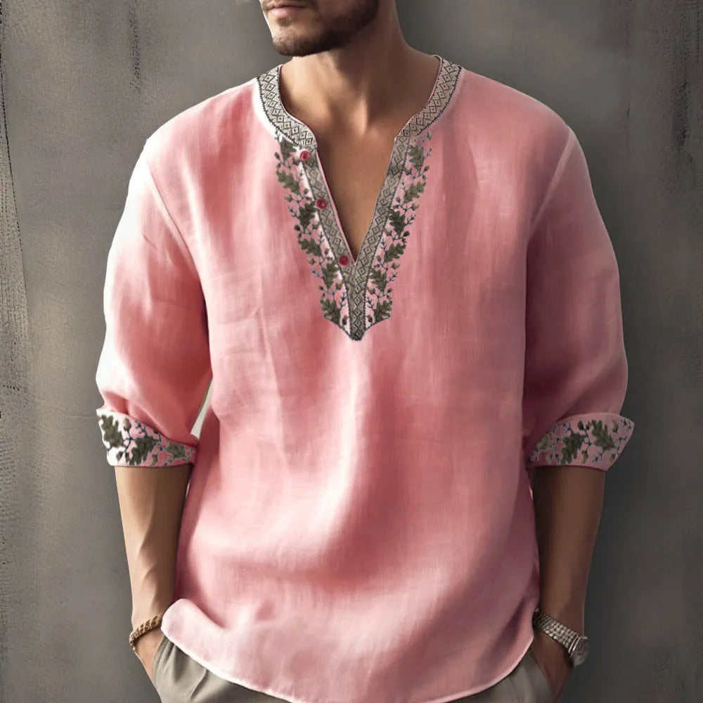 British style short sleeve shirt with stripe pattern from 3D digital thermal transfer printing on bamboo hemp fabric.