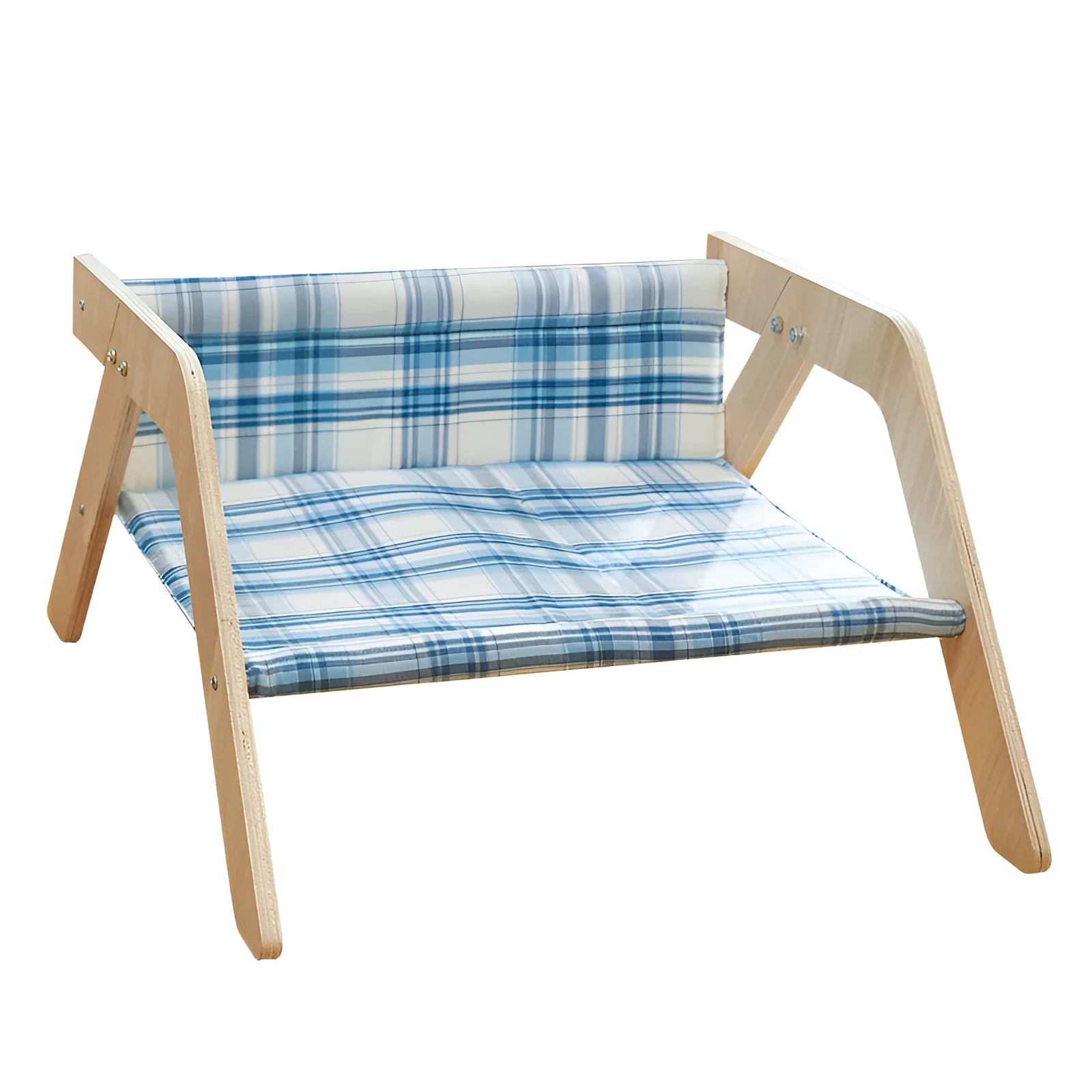 Blue elevated cat hammock bed with wooden beach chair frame on a white floor.