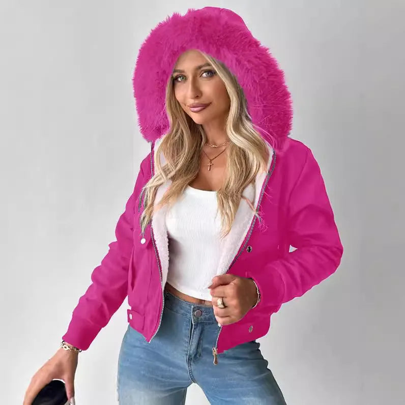 Women's casual hooded jacket with furry lining in Black, long sleeves, polyester fabric