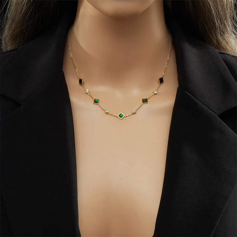 Gold titanium steel U-shaped square pendant necklace with emerald zircon on adjustable cross chain