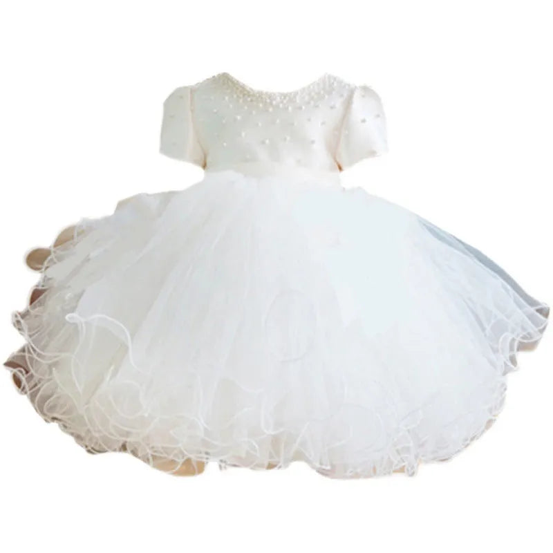 White Chinese-style baby full-year banquet bubble skirt dress in polyester