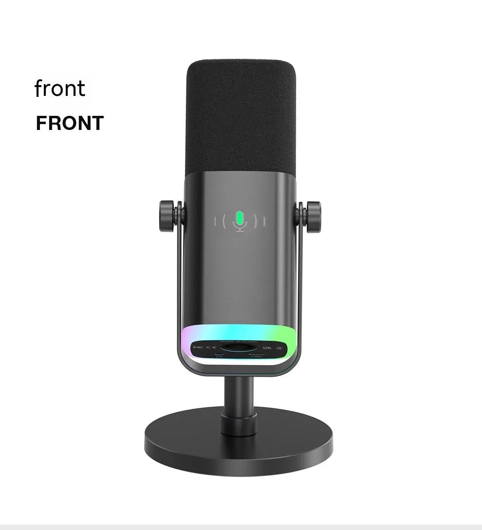 Dynamic noise reduction microphone in black, pink, or white with XLR cable, data cable, and desk base