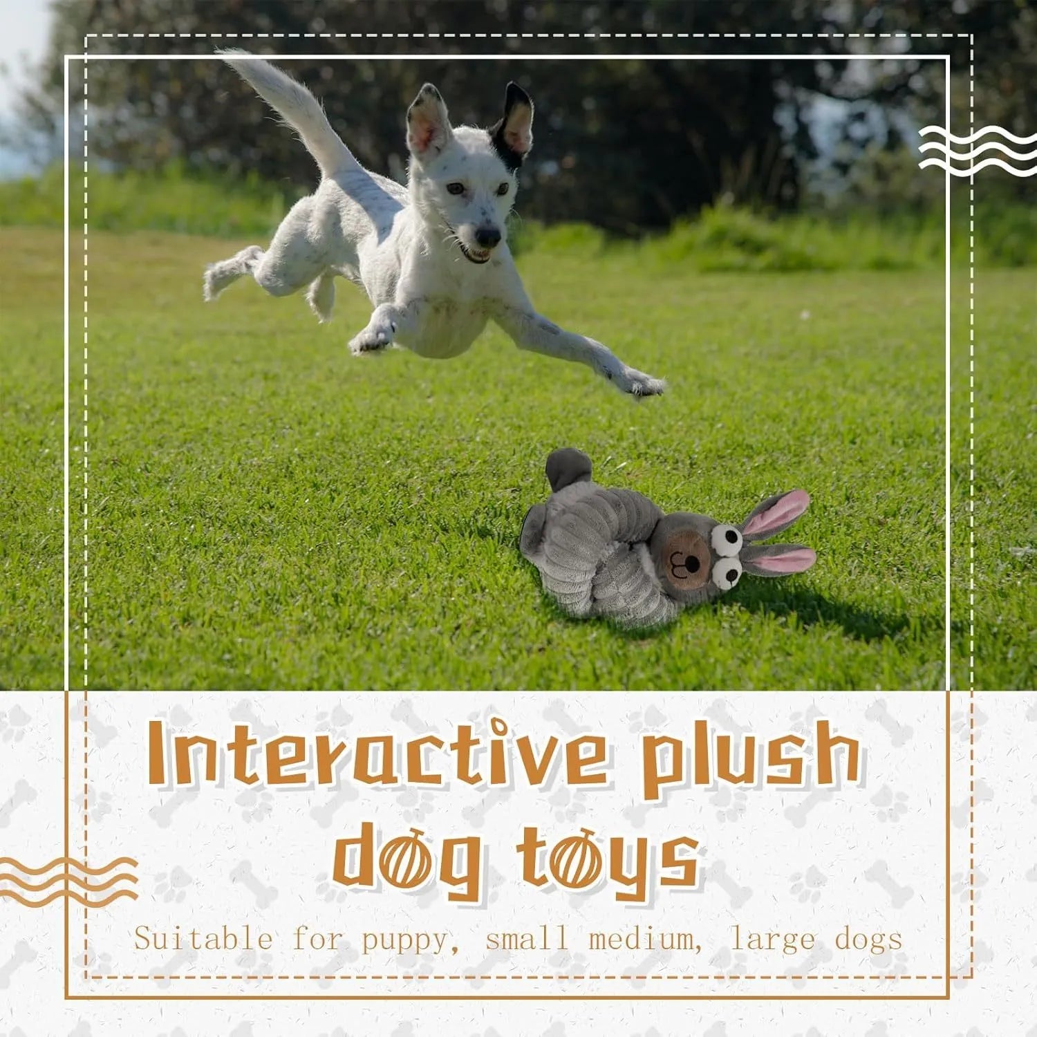 Foldable plush dog toy with squeaky and crinkle features in brown, grey and yellow colours