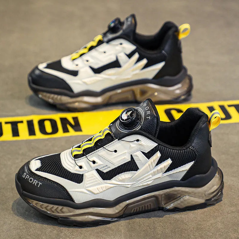 Men's black rotating button dad shoes with mesh upper and platform sole on a white background.