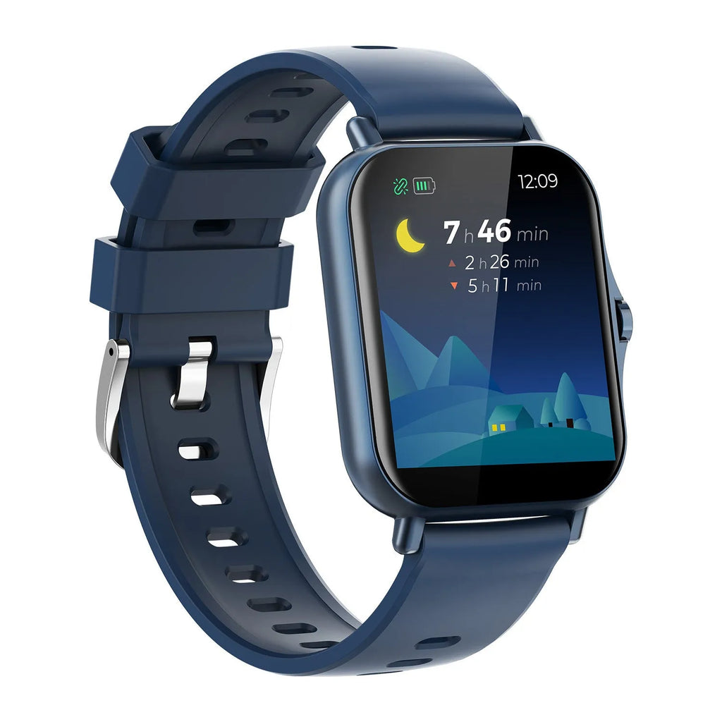 W10 smart watch in black showing heart rate and blood pressure on its 1.75 inch curved touch screen.