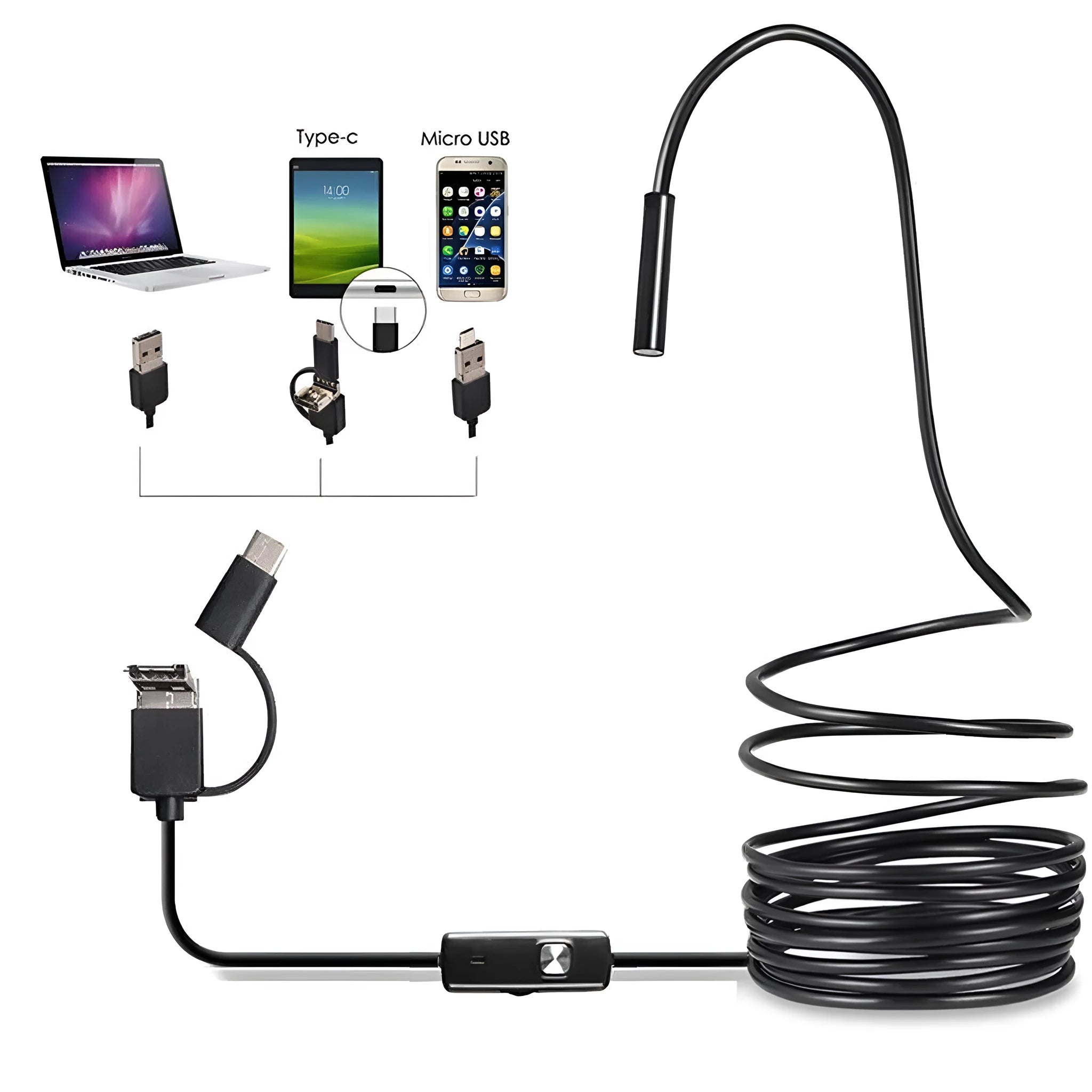Android USB Type-C industrial endoscope with waterproof probe, side mirror, hook, and magnet accessories