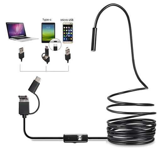 Android USB Type-C industrial endoscope with waterproof probe, side mirror, hook, and magnet accessories