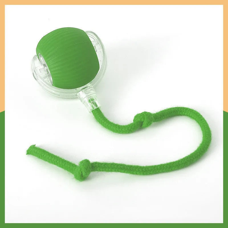 Silicone cat rolling ball toy in green, grey, red, and pink plush designs with optional rope attachment