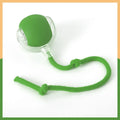 Silicone cat rolling ball toy in green, grey, red, and pink plush designs with optional rope attachment
