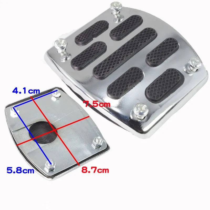 Men's metal motorcycle brake pedal skid plate showing three style options