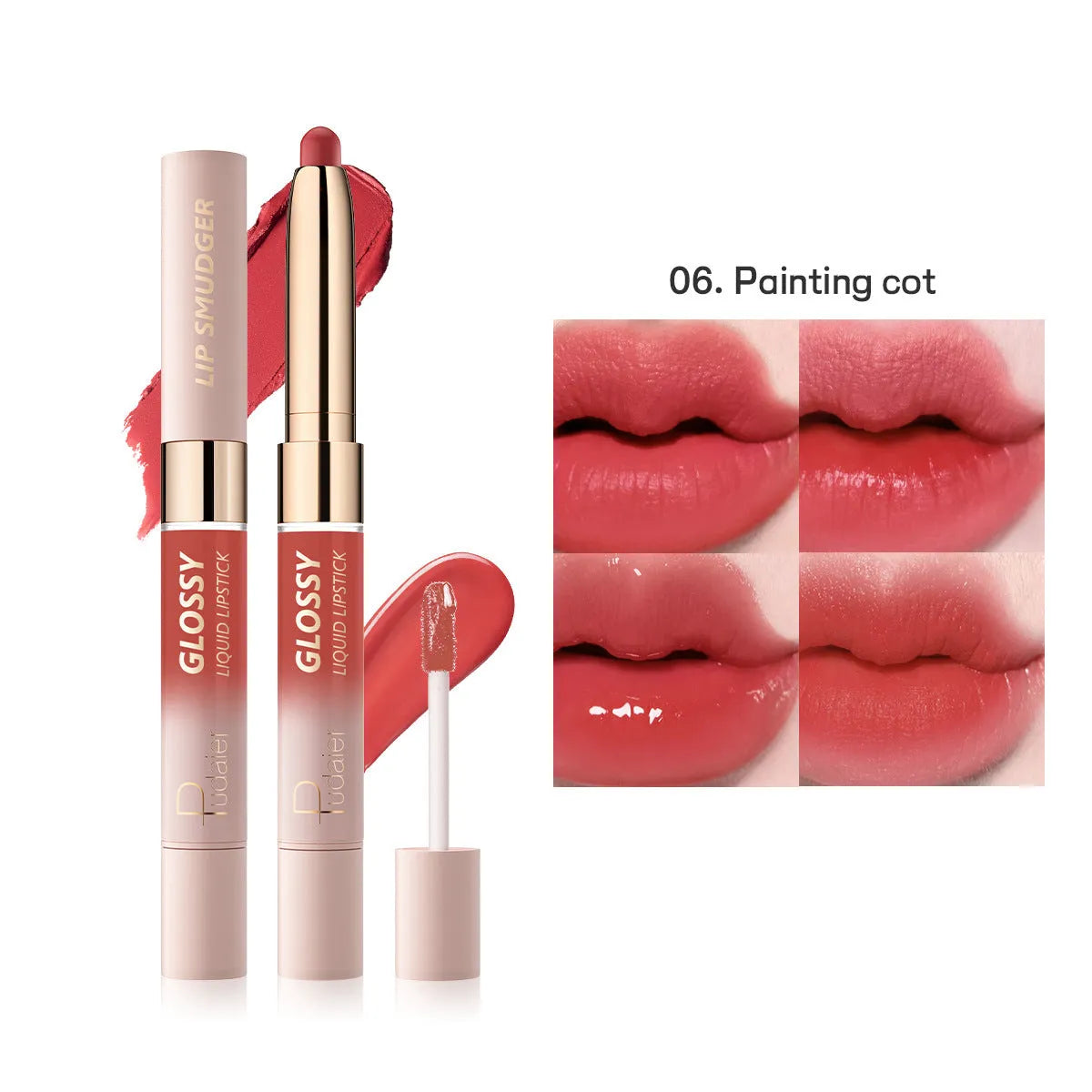 Double-headed lipstick and lip gloss cosmetic product showing matte and glossy ends