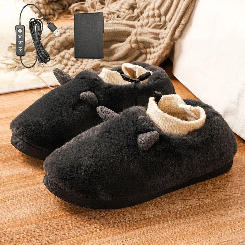 USB electric heating slippers in soft velvet, showing adjustable temperature controls and a connected USB cable.