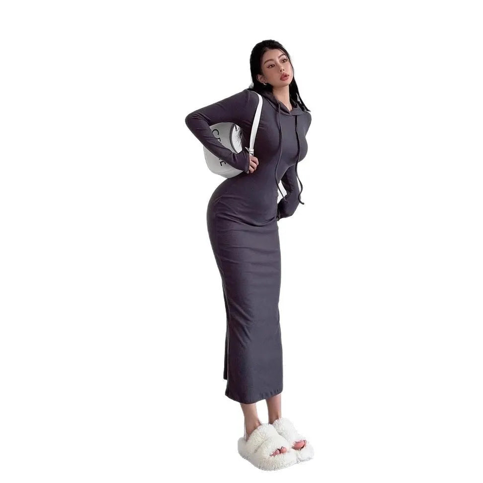 Women's grey hooded sheath dress with long sleeves and a high waist.