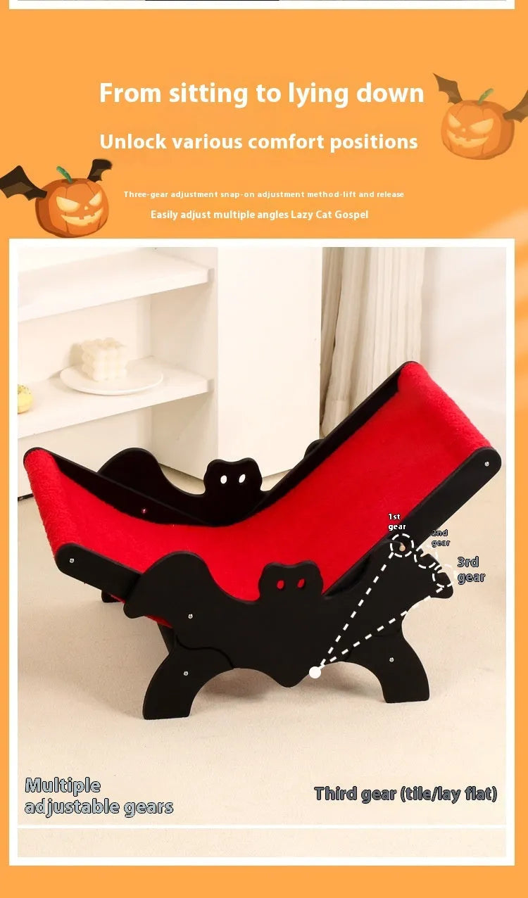 Black and red Halloween themed wooden cat recliner bed with cage enclosure.