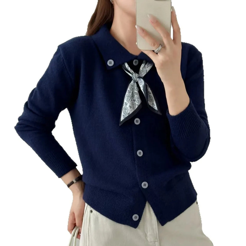 Lazy fashion lapel scarf cardigan sweater in acrylic fibre with splicing design