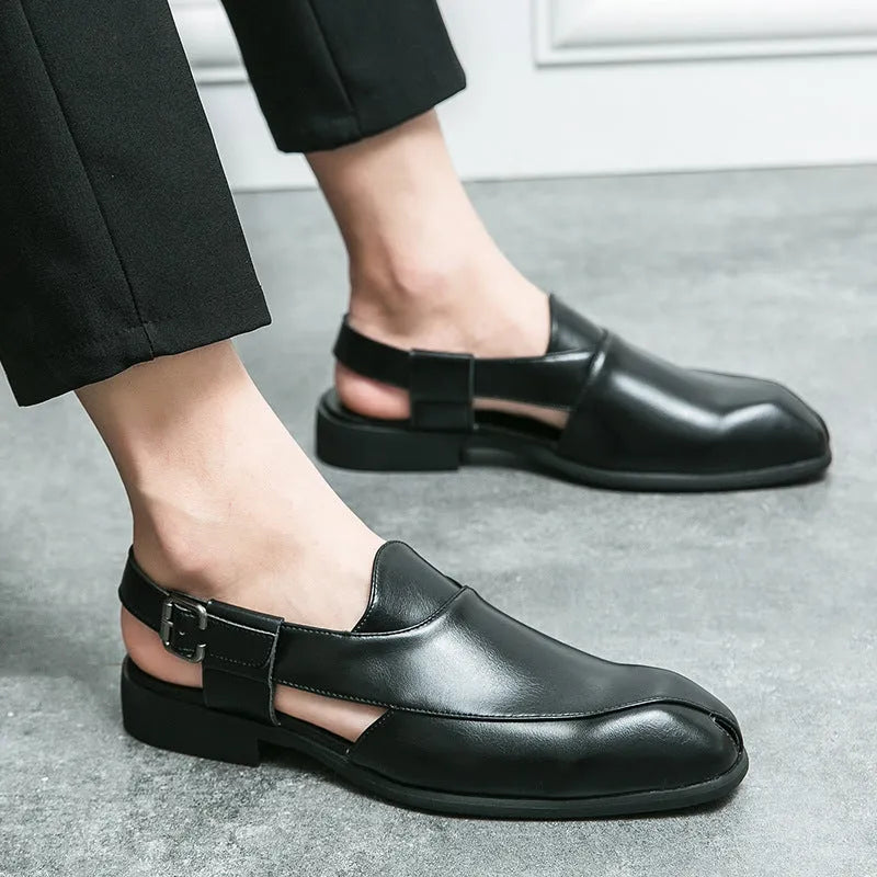 Plus size men's slip-on square toe artificial pu sandals in black with rubber sole and stitched detailing on a light background