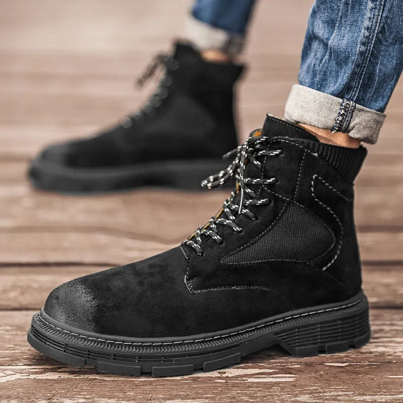 Men's vintage Martin boots in black with microfiber leather upper and round toe design