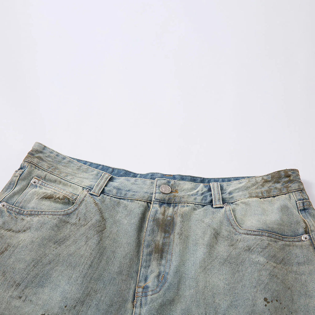 Blue cropped straight-leg denim jeans with mid-length fit and zipper fly closure