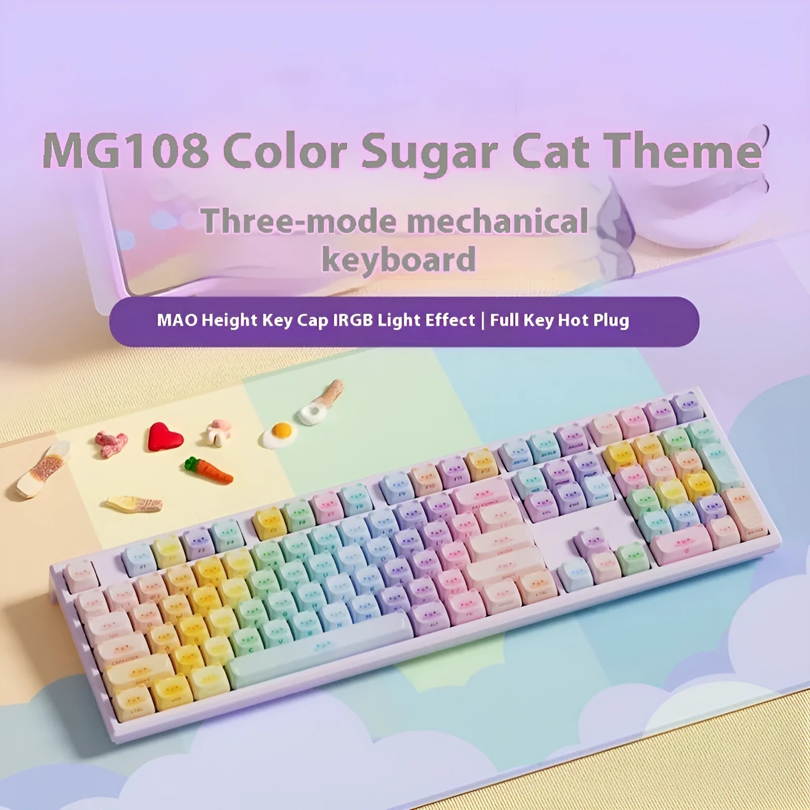 Coloured sugar cat mechanical keyboard with MG108B colour scheme and Bluetooth connectivity