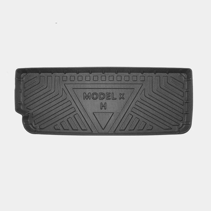 Tesla Model X waterproof TPE rubber floor mats showing left and right rudder design for vehicle-specific fitment