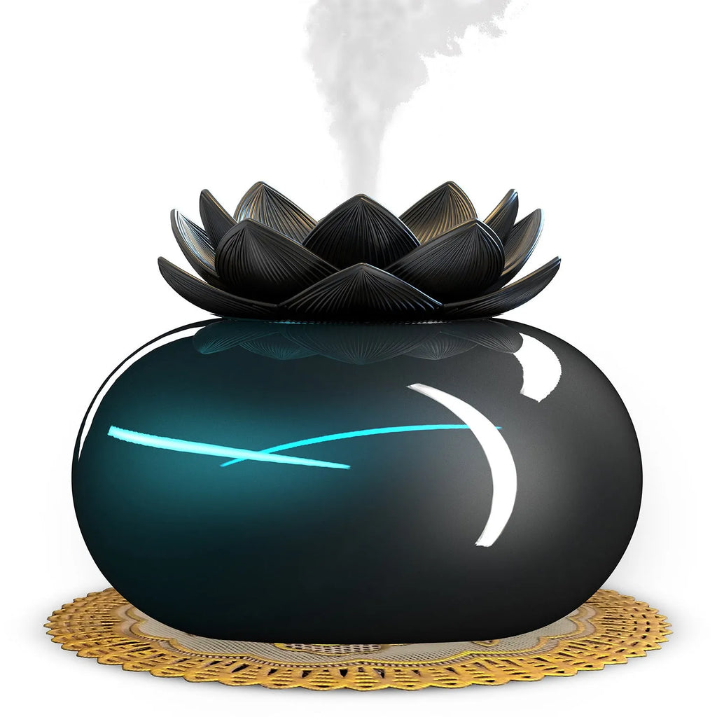 Pure black Lotus ultrasonic aromatherapy humidifier with round shape and USB cable.