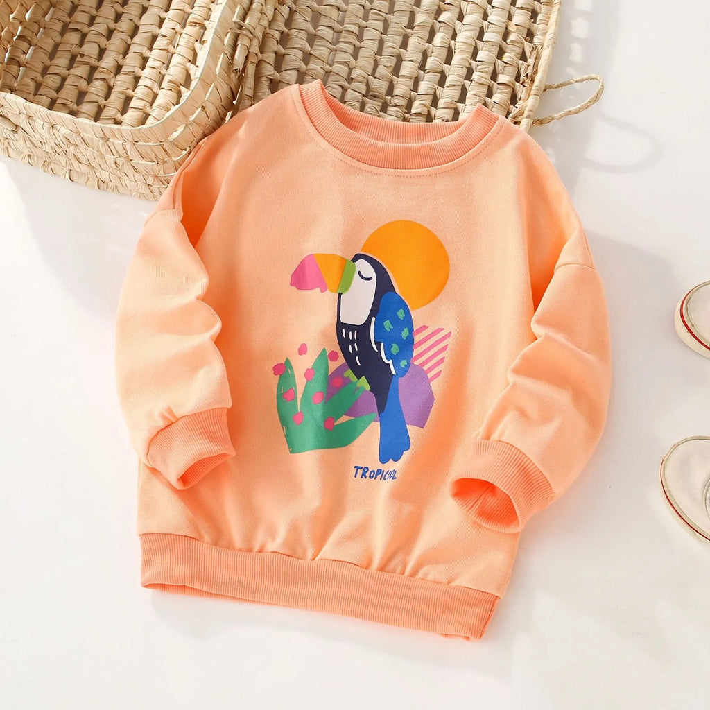 Girls' 100 cotton sweater coat with cartoon print, pullover style, cotton lining, suitable for height 90-140cm