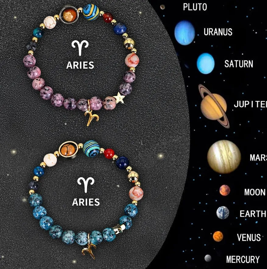 Natural stone zodiac beaded bracelet set showing two matching bracelets with astrology-themed design