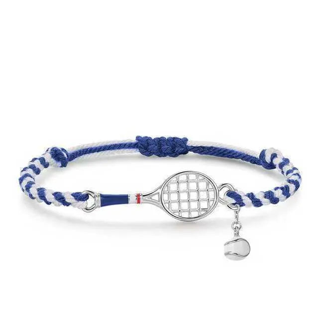 Retro blue and white rope woven tennis racket wristband bracelet with copper base and geometric dream catcher design