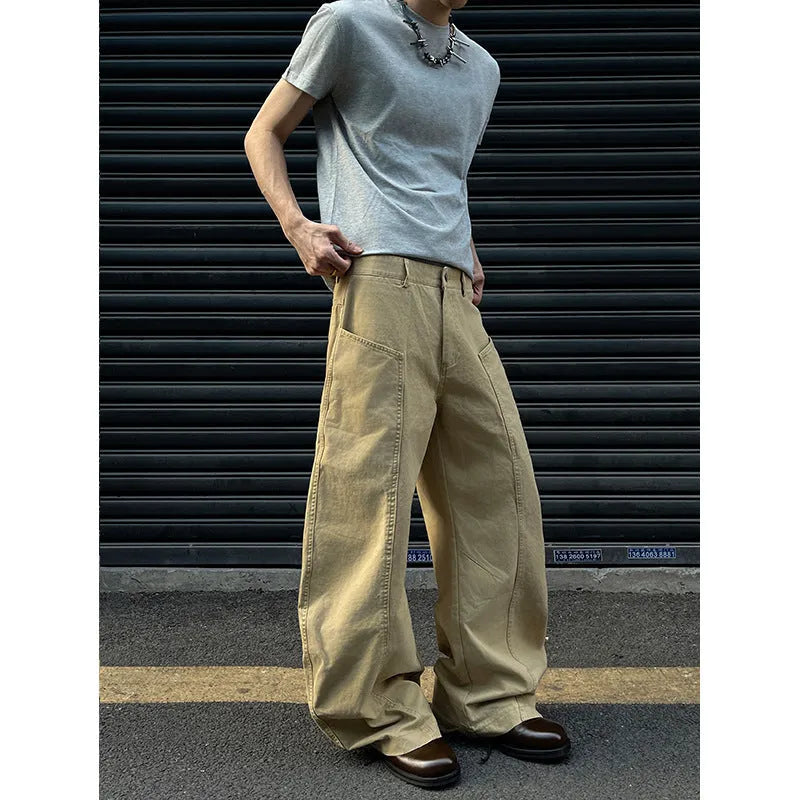 Men's khaki straight-leg cotton trousers with American retro styling