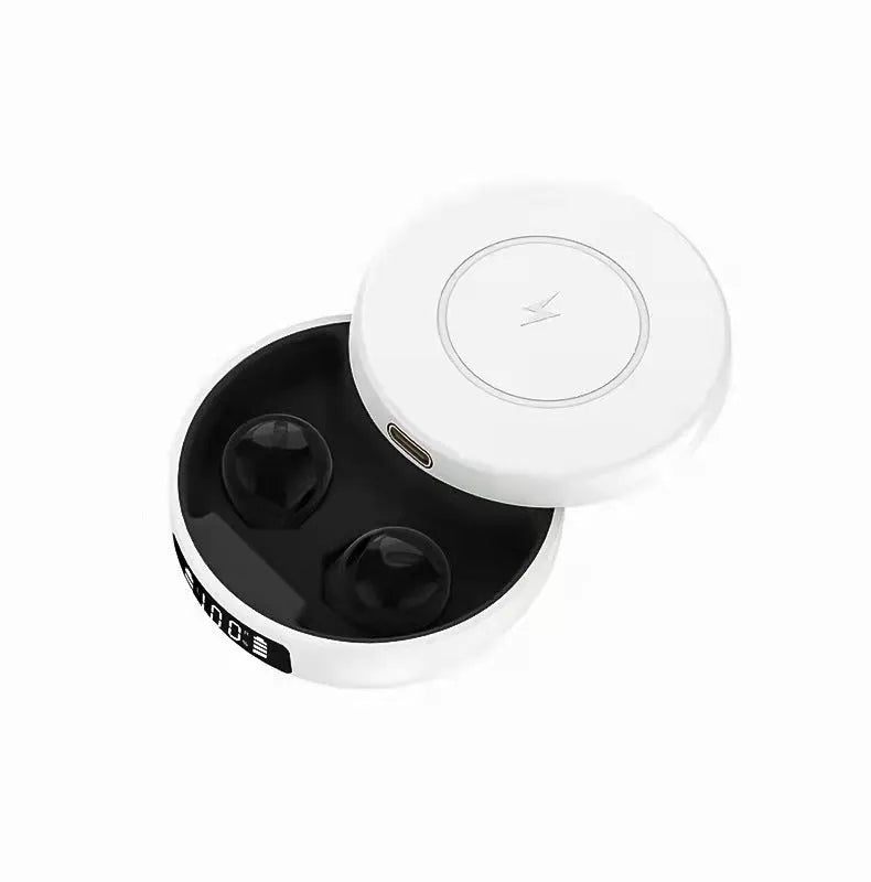 Mini semi-in-ear wireless headphones with wireless charging case in black, colour or white
