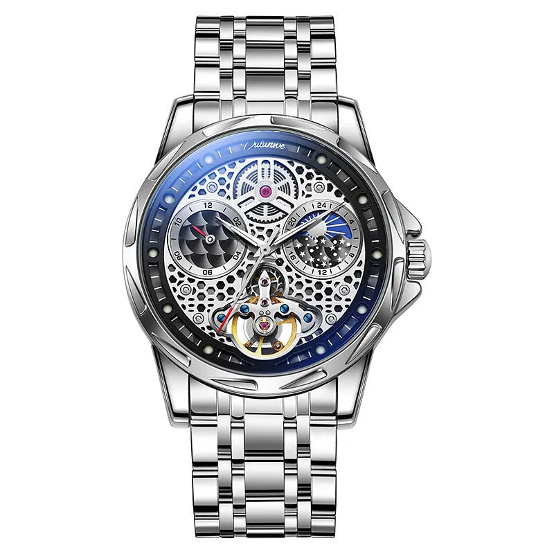Men's waterproof automatic watch with luminous markers on a steel bracelet and a black dial.