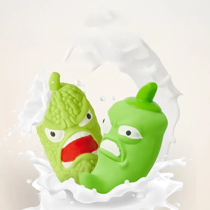 Bitter melon and chili shaped dog chew toy with pet sounds for teeth cleaning