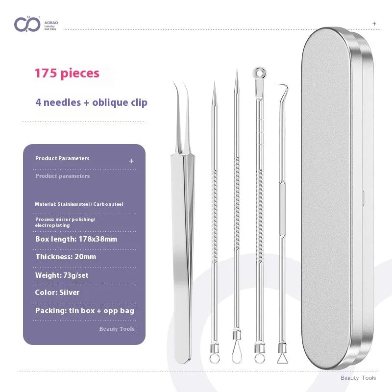 Four silver metal acne needles with ultra-fine pointed tips for skin treatment.