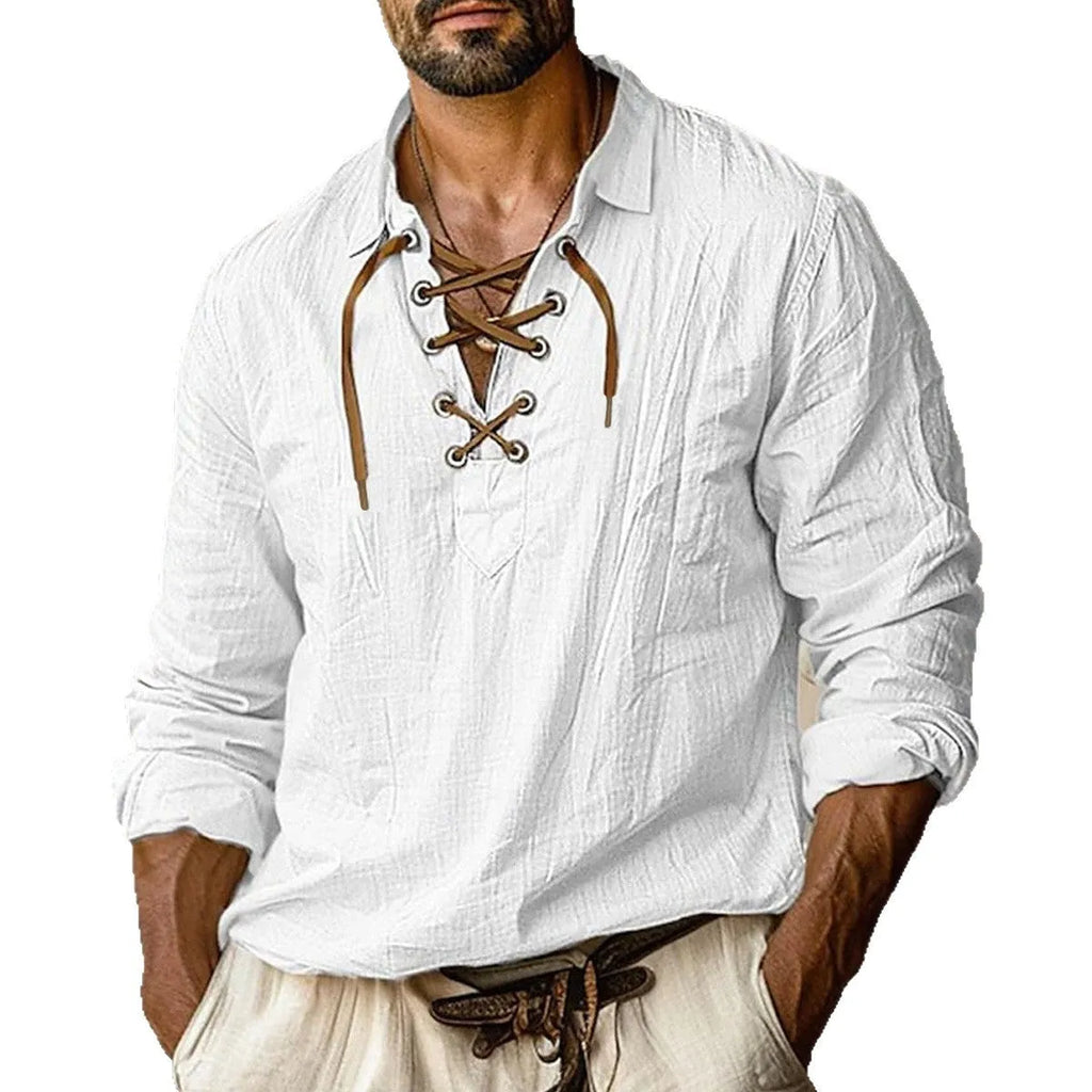 Men's loose fit linen blend shirt with lace detail on lapels, in solid blue colour.