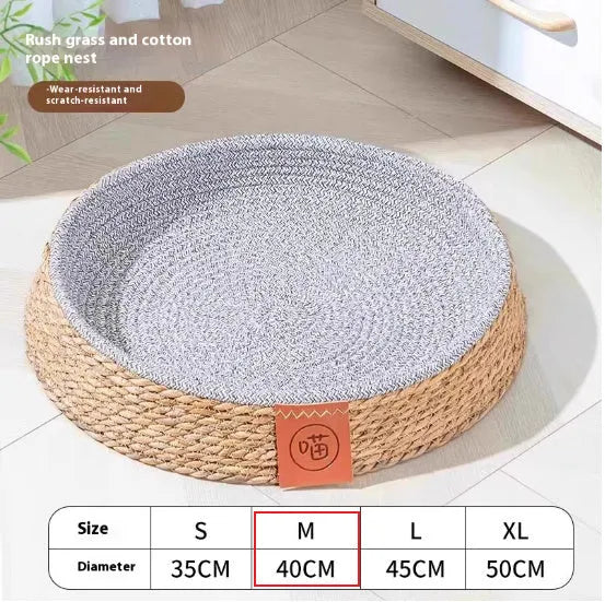Rattan cat bed with natural open weave construction in four available sizes
